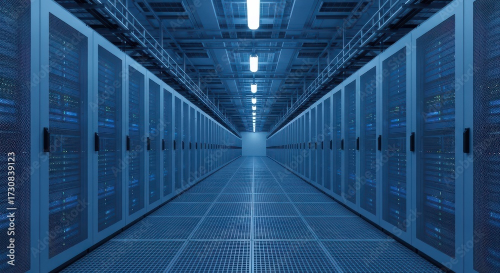 Fototapeta premium Illuminated Server Room Aisle of Computer Racks