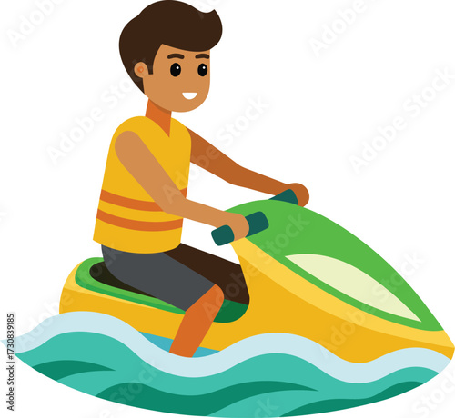 Young happy man wearing a life vest rides a colorful jet ski across bright blue ocean waves enjoying a sunny summer day vacation activity