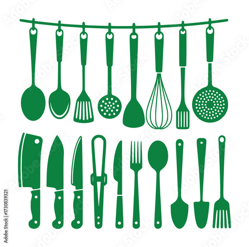 Collection of Green Kitchen Utensils Hanging and Lined Up