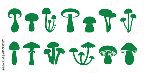 Collection of Green Mushroom Silhouettes in Various Shapes and Sizes