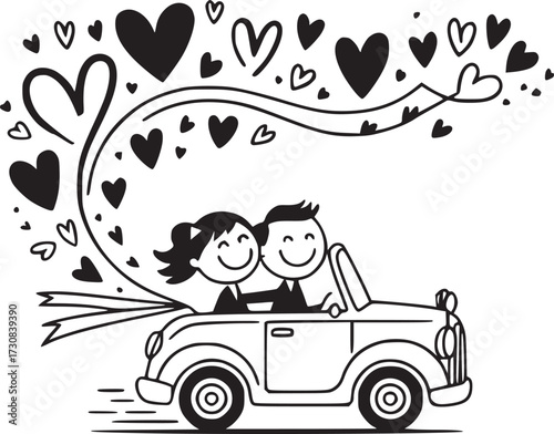 Joy Ride to Forever: A charming cartoon illustration depicts a couple, radiating joy, embarking on their life's journey together in a classic convertible, with hearts trailing above them