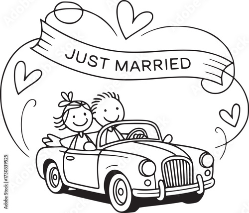 Newlywed Joyride: A whimsical illustration captures the essence of marital bliss as a cartoon couple embarks on their 'Just Married' joyride, symbolized by a classic car and playful hearts. 