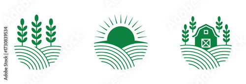 Green Farm Icons Wheat, Sunrise, and Barn on Rolling Hills