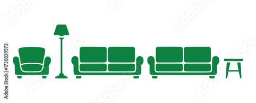 Green Icon Set of Living Room Furniture Armchair, Floor Lamp, Sofas, and Stool