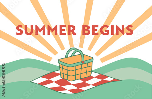 Bright summer begins illustration with picnic basket on red and white checkered blanket under warm sun rays over green hills