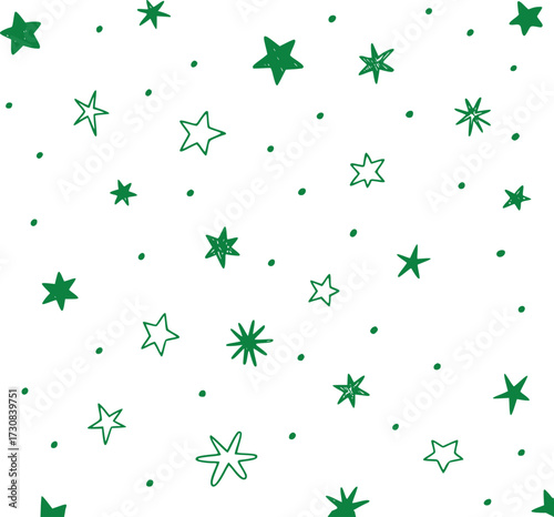 Hand-Drawn Green Stars and Dots Seamless Pattern on White Background
