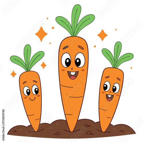 Three happy cartoon carrots with smiling faces and green leafy tops growing in brown soil with sparkling orange stars in the background
