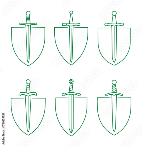 Six Green Line Art Shields with Swords, Medieval Weaponry Icons