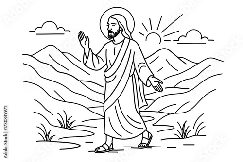 Vector drawing of Jesus Christ walking in the valley