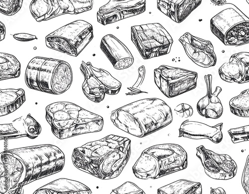Hand-drawn meat cuts seamless pattern