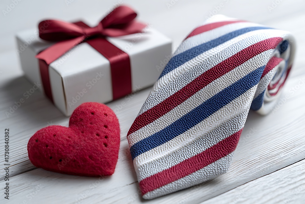 Obraz premium Elegant Striped Tie, Gift Box with Ribbon, and Heart Shaped Felt Decoration on White Wooden Background. Perfect Father's Day Concept, Celebration Ideas, DIY Craft Inspiration, and Copy Space.