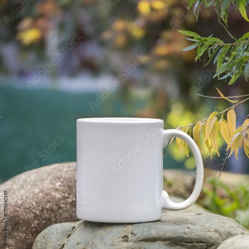 White Ceramic Coffee Mug Mockup on Rock with Natural Outdoor Background