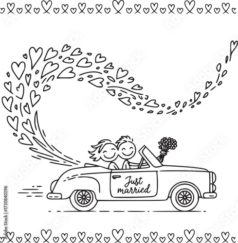 Just Married Getaway: A charming hand-drawn illustration depicts a joyful newlywed couple embarking on their celebratory journey, symbols of love, a convertible, and a decorative garland.