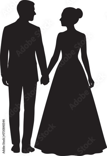 Silhouette of a couple holding hands—one in a suit, the other in a flowing dress with a bun hairstyle. The plain white background emphasizes elegance and formality, suggesting a wedding.