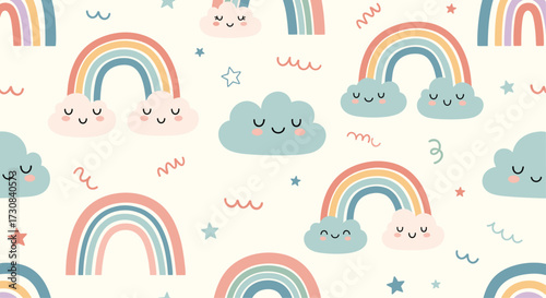 Cute cartoon rainbows and smiling clouds seamless pattern design.