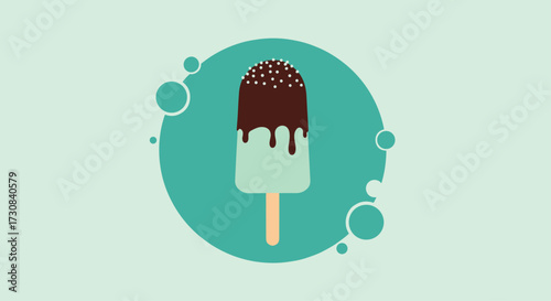A refreshing mint chocolate chip ice cream bar on a stick with chocolate coating and sprinkles melting slightly in a teal circle with bubbles.