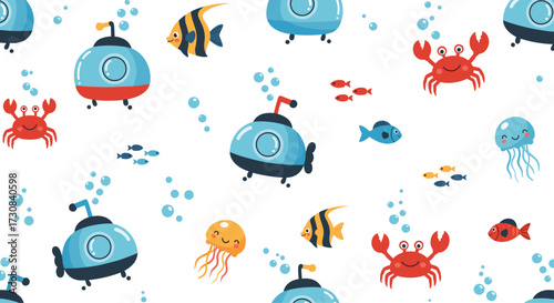 A whimsical underwater scene with submarines fish crabs and jellyfish floating in blue water with bubbles.