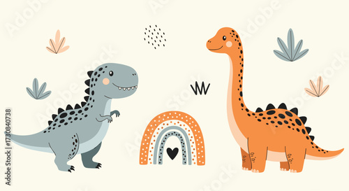 Two cute cartoon dinosaurs with a rainbow and plants on a beige background.