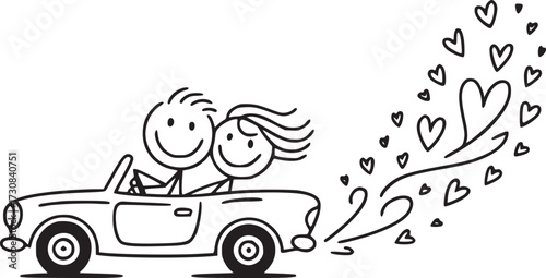 Love on Wheels: A simple illustration of two stick figures, a couple, happily cruising in a classic convertible, with a trail of hearts streaming behind them, expressing a journey of love.