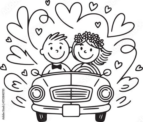 Wedding Day's Getaway: A whimsical illustration capturing the joyful escape of a newlywed couple in their wedding car, surrounded by floating hearts, celebrating love and new beginnings.
