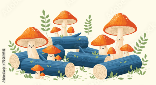 Whimsical forest friends gather on logs for a cozy woodland celebration.