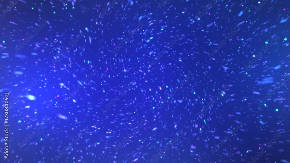 Vidéo pour souhaiter une joyeuse année 2026 en blanc et bleu avec un tourbillon de plusieurs couleurs faisant apparaître des feux d'artifices sur un fond bleu et noir