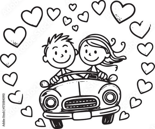 Love Journey: A cartoon couple embarks on a road trip adventure in a car, surrounded by floating hearts, symbolizing love, relationships, and affection. Perfect for Valentine's Day, wedding themes.