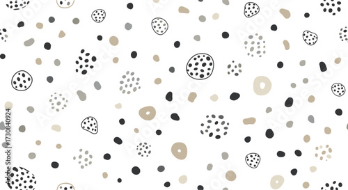 An abstract pattern of scattered dots and organic shapes in neutral tones.