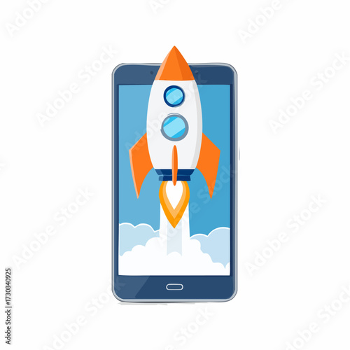 Wprowadzenie nowej aplikacji mobilnej na rynek. Rakieta startująca ze smartfona jako symbol sukcesu i rozwoju startupu.