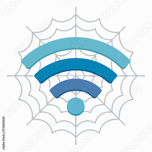 Koncepcja internetu jako globalnej sieci. Symbol Wi-Fi w pajęczynie, metafora cyberzagrożeń.