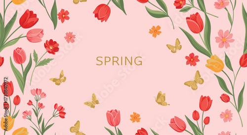 Beautiful spring flowers and butterflies fill the garden with joy and color.