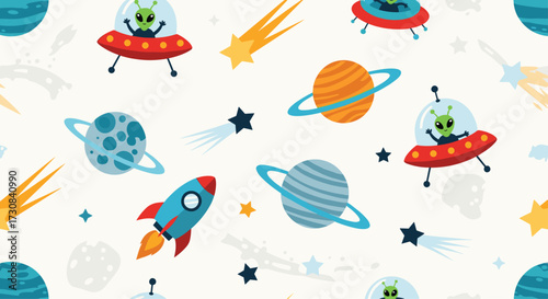 A vibrant cartoon illustration depicting a playful scene of outer space exploration and celestial bodies.
