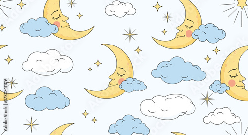 Cute sleeping moons and stars with fluffy clouds on a light blue background.