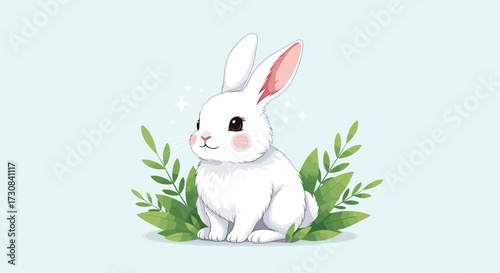 A cute white bunny rabbit sits in green foliage on a light blue background.
