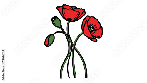 A stylized illustration of red poppy flowers with green stems, leaves, and buds on a plain white background.
