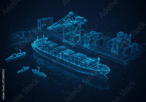 Stunning blue wireframe of cargo ship with containers and harbor cranes, modern logistics and global trade technology concept for business presentations