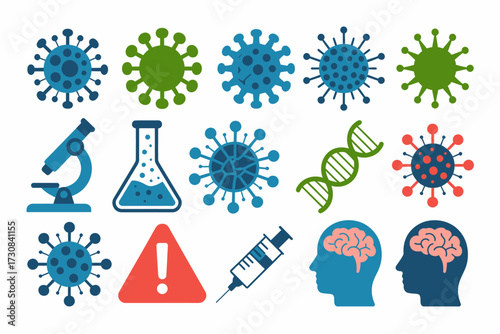 Set of Vector Medical Icons Representing Viruses Research and Medical Treatment Concepts for Healthcare