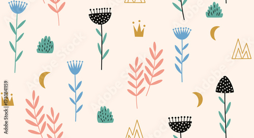 A whimsical collection of stylized botanical elements and celestial motifs.