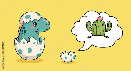 A cute dinosaur hatches from its egg and dreams of a happy cactus.