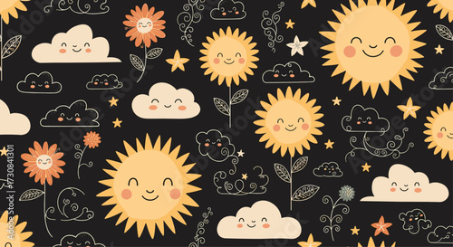 Cute cartoon sun and cloud pattern with whimsical starry night sky.