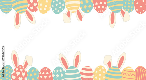 Happy easter holiday with colorful decorated eggs and cute bunny ears peeking out.