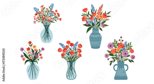 A collection of vibrant floral arrangements in decorative glass vases creating a cheerful display.