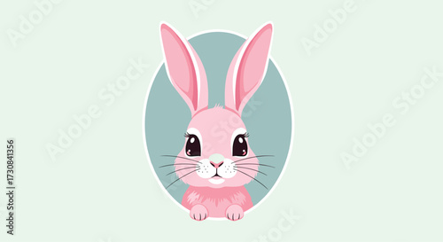 A cute pink bunny with big eyes and long ears sits in a pastel oval.