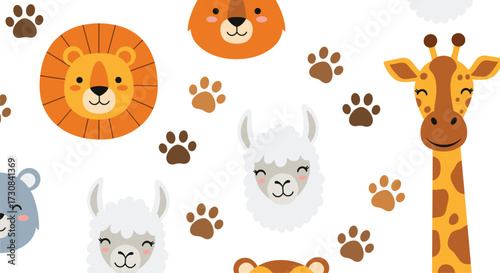 A delightful collection of cartoon animal faces and paw prints for kids.
