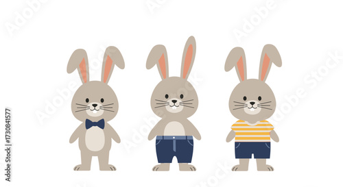 Three adorable cartoon bunnies dressed in cute outfits.