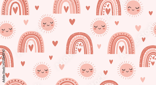 A charming seamless pattern featuring adorable rainbows and smiling suns with little hearts.