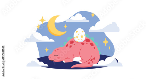 A cute pink dinosaur sleeps peacefully under the night sky with a starry moon and clouds.