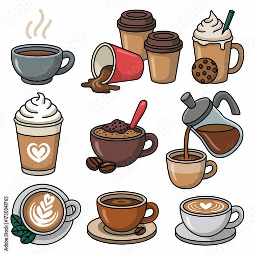 Various Coffee Drinks and Coffee Art Illustrations Perfect for Cafe Designs and Coffee Lovers Designs