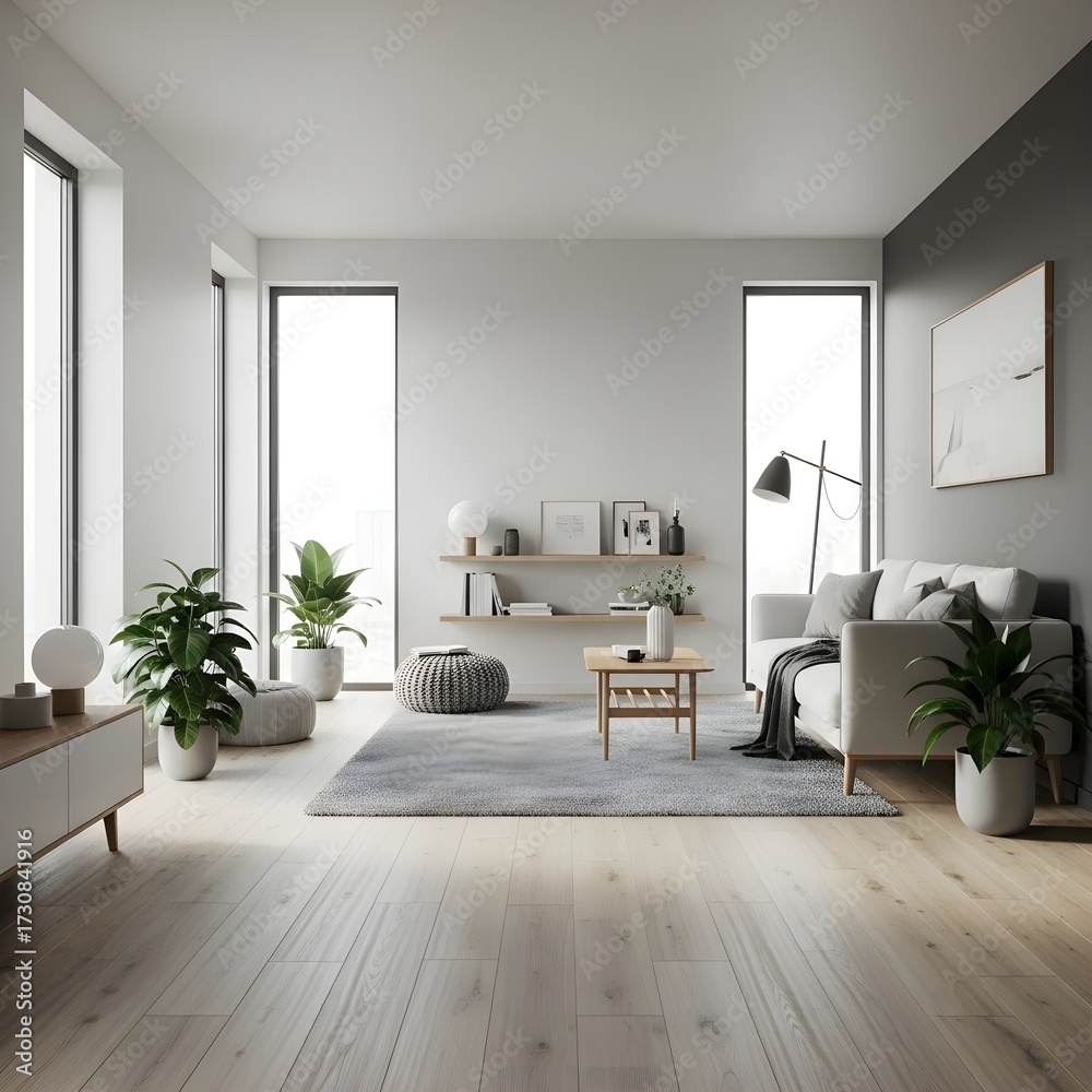 Fototapeta premium Bright and spacious living room interior with modern decor and plants