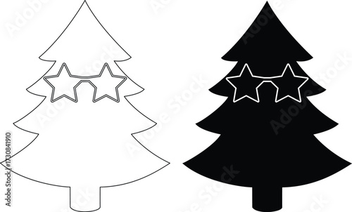 Christmas tree silhouette and outline with stars isolated on white background